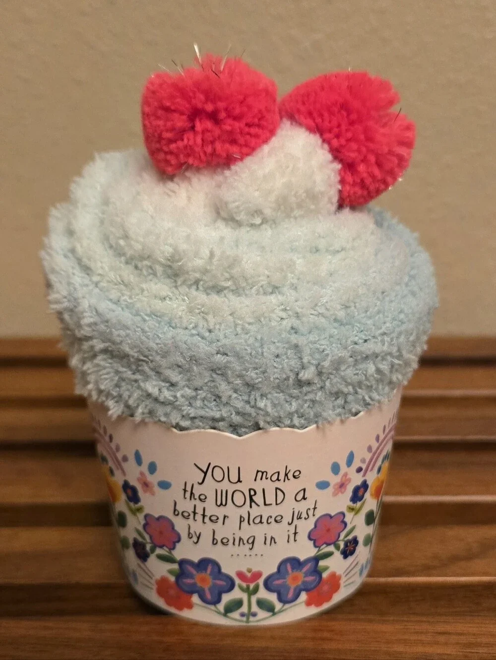 Natural Life Womens Light Blue White Ombre Plush Socks Pink Pom Cute Cozy Gift